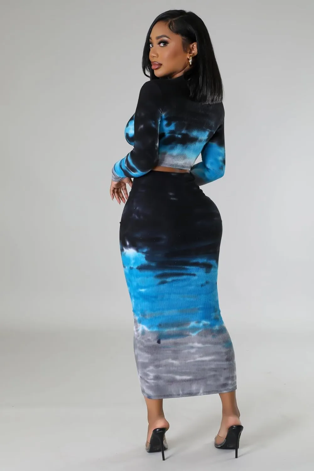 Wuitrie Tie Dye 2 Piece Skirt Sets for Women Long Sleeve Crop Tops Bodycon Wrap Pencil Skirt Vacation Outfits for Women 2025