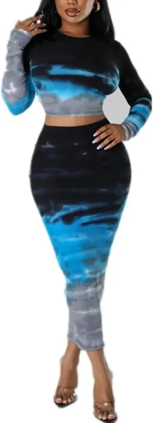 Wuitrie Tie Dye 2 Piece Skirt Sets for Women Long Sleeve Crop Tops Bodycon Wrap Pencil Skirt Vacation Outfits for Women 2025
