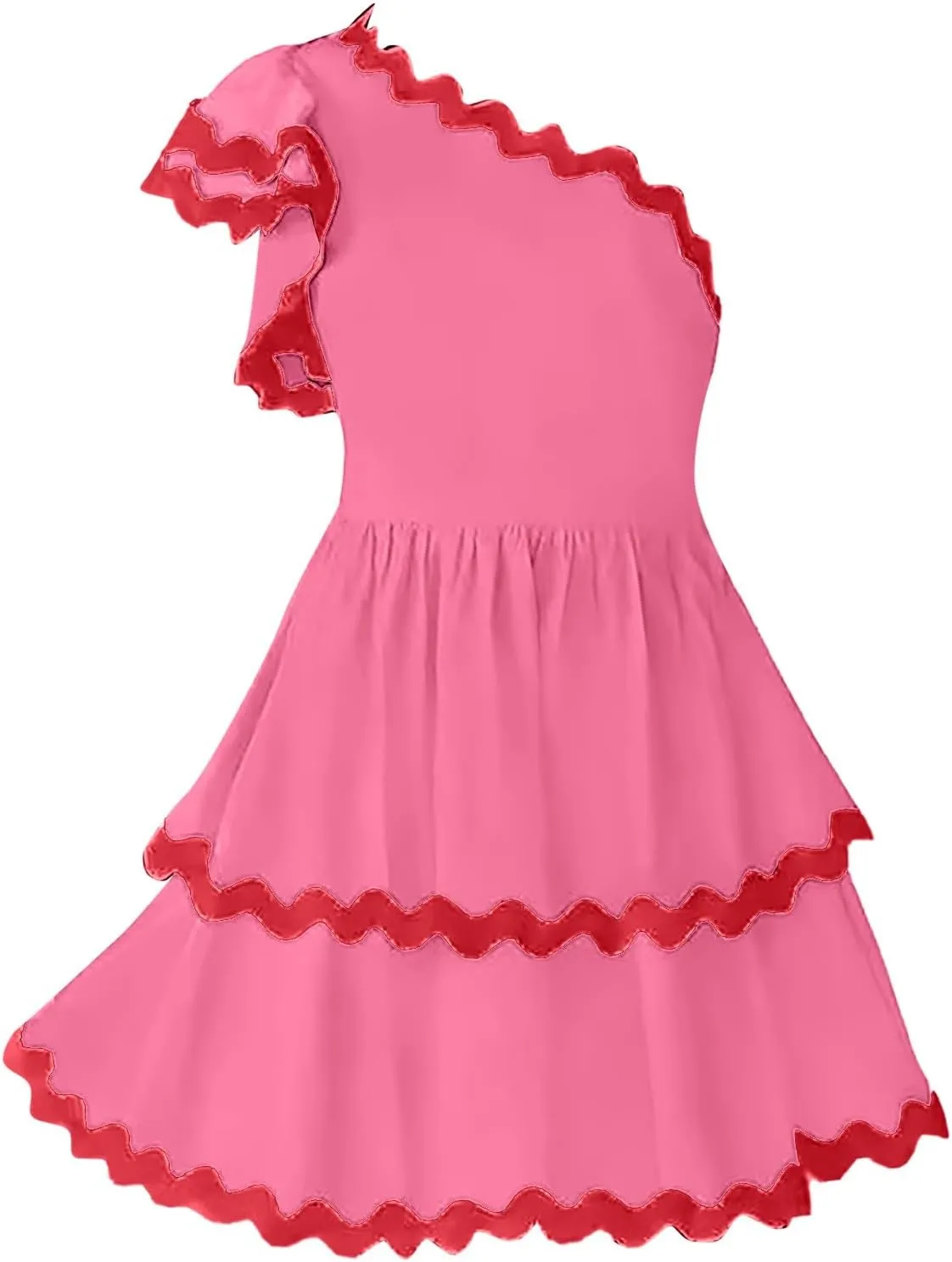 XOWRTE Women's 2024 Summer One Shoulder Dresses Ruffle Short Sleeve Tiered Layered Swing A Line Mini Short Sundress for Women