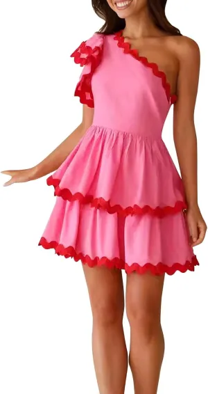 XOWRTE Women's 2024 Summer One Shoulder Dresses Ruffle Short Sleeve Tiered Layered Swing A Line Mini Short Sundress for Women