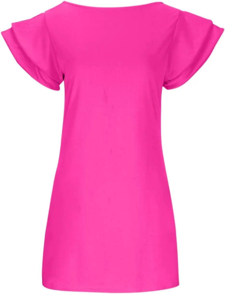 XUNRYAN Summer Dresses for Women 2022 Trendy Tiered Ruffle Sleeve Solid Backless Zipper Shift Mini Dress Party Dresses