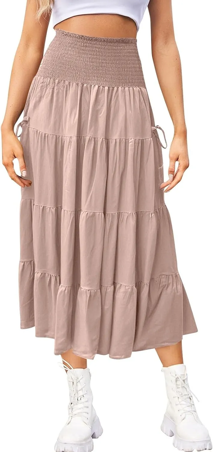 Yesunpxs Womens Tiered Maxi Skirt with Pockets Flowy Boho Elastic High Waisted Skirt Summer Beach Vacation Smocked Tube Dress