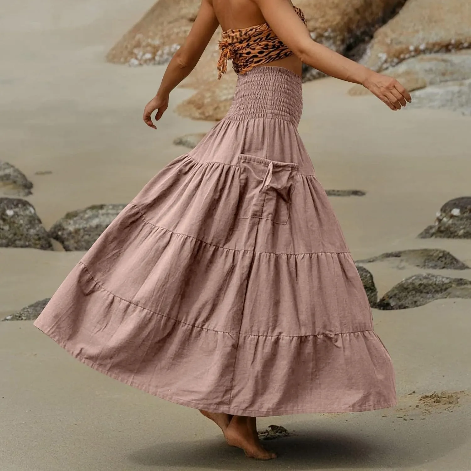 Yesunpxs Womens Tiered Maxi Skirt with Pockets Flowy Boho Elastic High Waisted Skirt Summer Beach Vacation Smocked Tube Dress