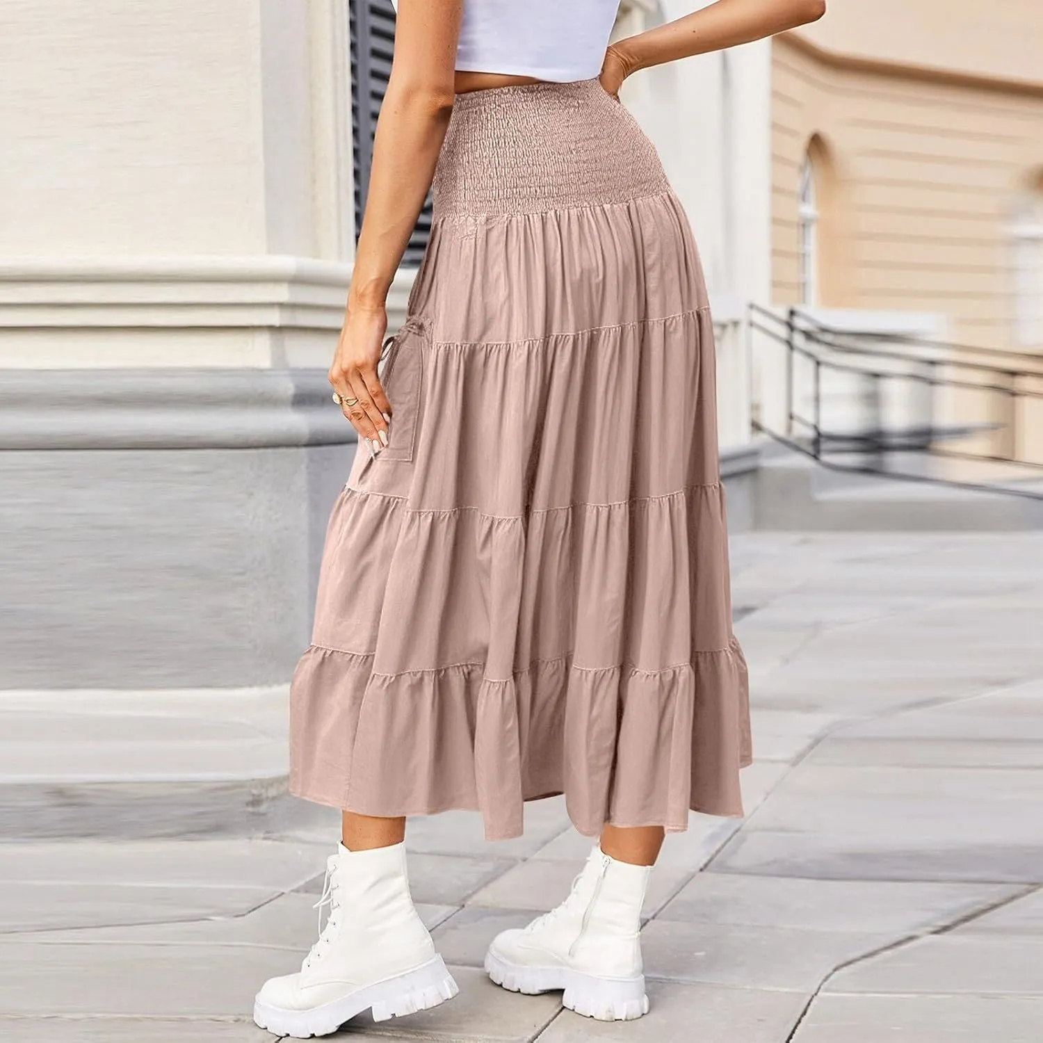 Yesunpxs Womens Tiered Maxi Skirt with Pockets Flowy Boho Elastic High Waisted Skirt Summer Beach Vacation Smocked Tube Dress
