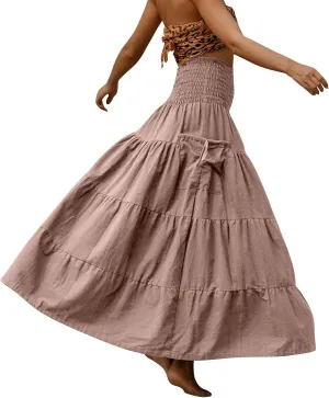 Yesunpxs Womens Tiered Maxi Skirt with Pockets Flowy Boho Elastic High Waisted Skirt Summer Beach Vacation Smocked Tube Dress