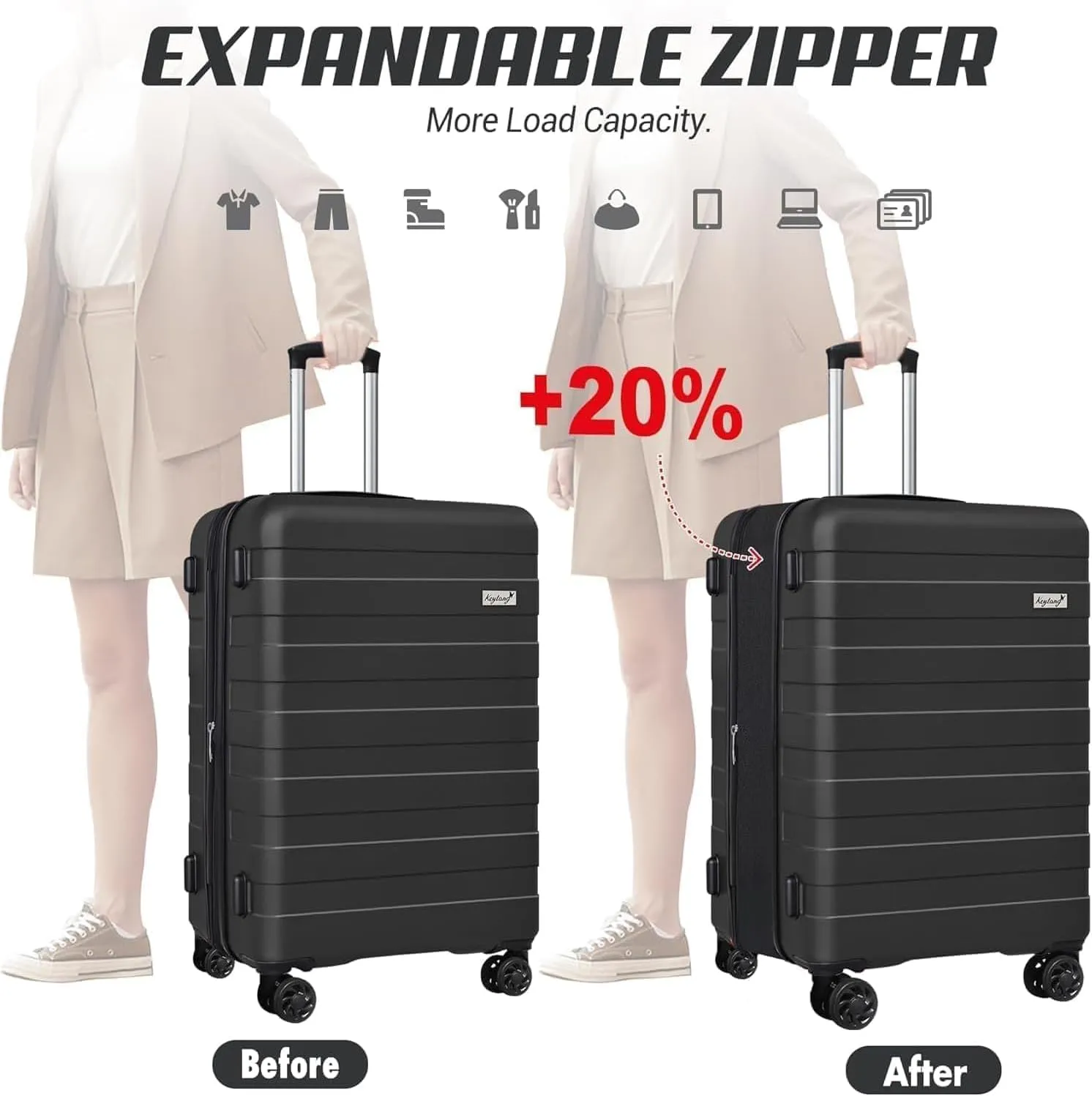 Zebra Light weight Hardside Expandable Luggage Spinner Wheels Luggage Suitcase W/TSA Lock 3-Piece Luggage Set, Include 20 Carry on Luggage Suitecase(20/24/28),Dark Black