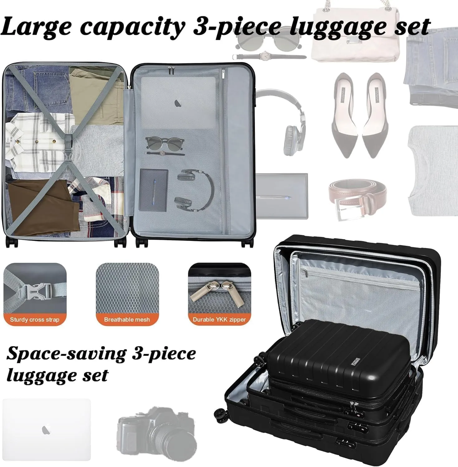 Zebra Light weight Hardside Expandable Luggage Spinner Wheels Luggage Suitcase W/TSA Lock 3-Piece Luggage Set, Include 20 Carry on Luggage Suitecase(20/24/28),Dark Black