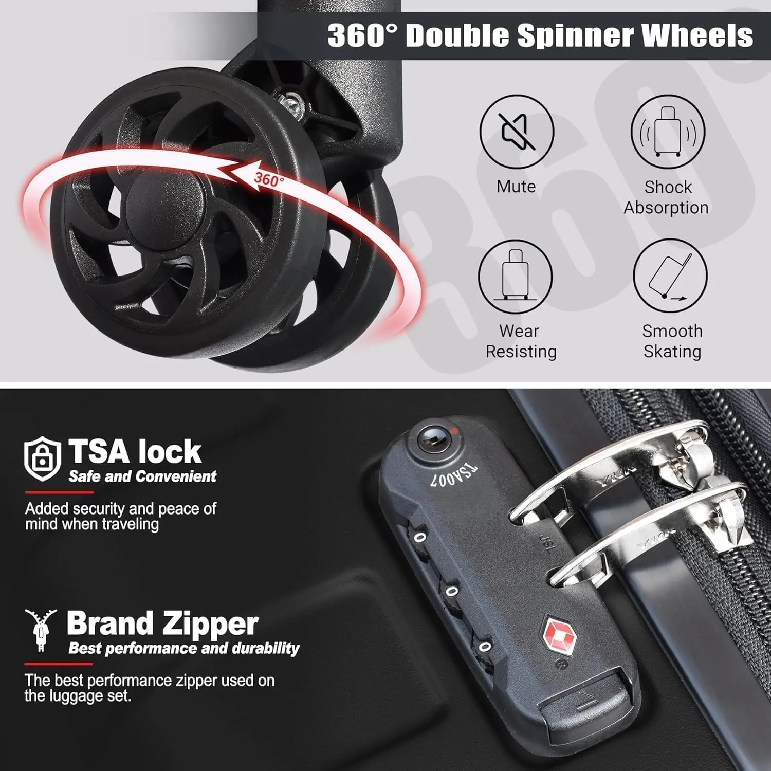 Zebra Light weight Hardside Expandable Luggage Spinner Wheels Luggage Suitcase W/TSA Lock 3-Piece Luggage Set, Include 20 Carry on Luggage Suitecase(20/24/28),Dark Black