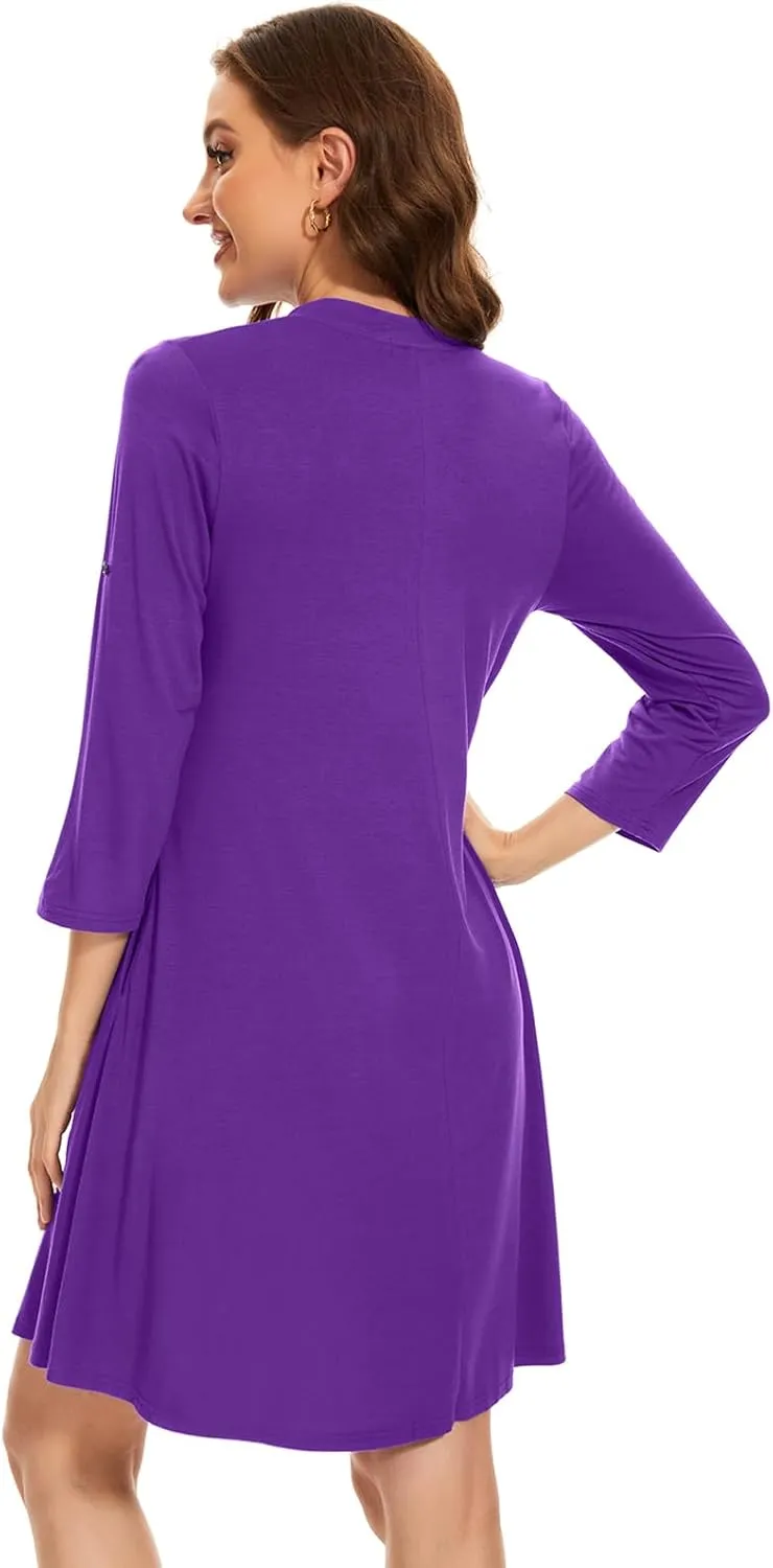 ZENNILO Womens 3/4 Sleeve Dress V Neck Plus Size Tshirt Dress for Women Knee Length with Pockets