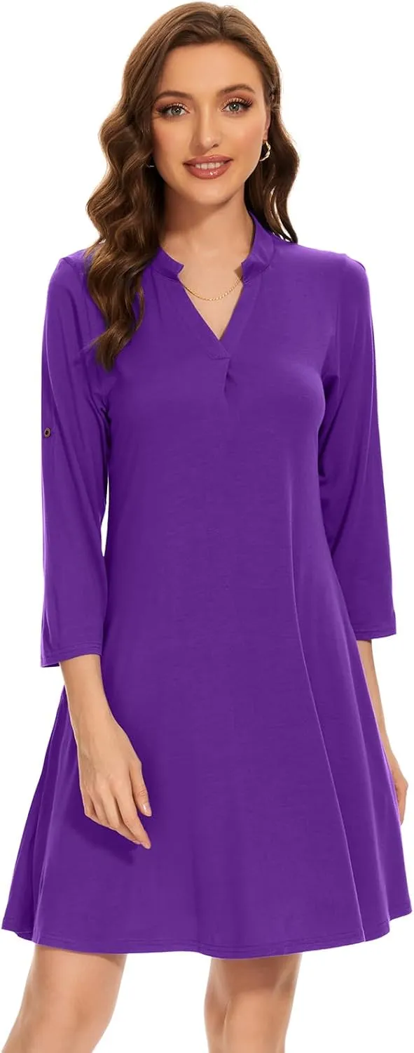 ZENNILO Womens 3/4 Sleeve Dress V Neck Plus Size Tshirt Dress for Women Knee Length with Pockets