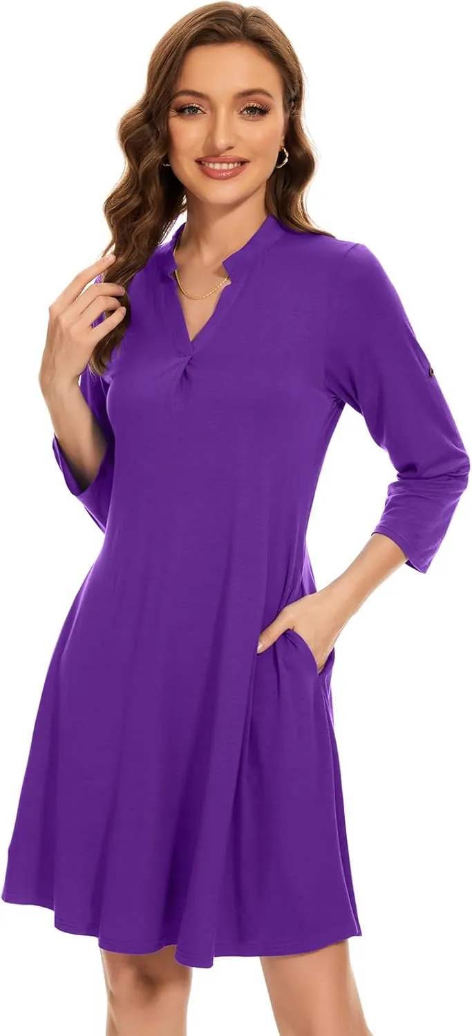 ZENNILO Womens 3/4 Sleeve Dress V Neck Plus Size Tshirt Dress for Women Knee Length with Pockets