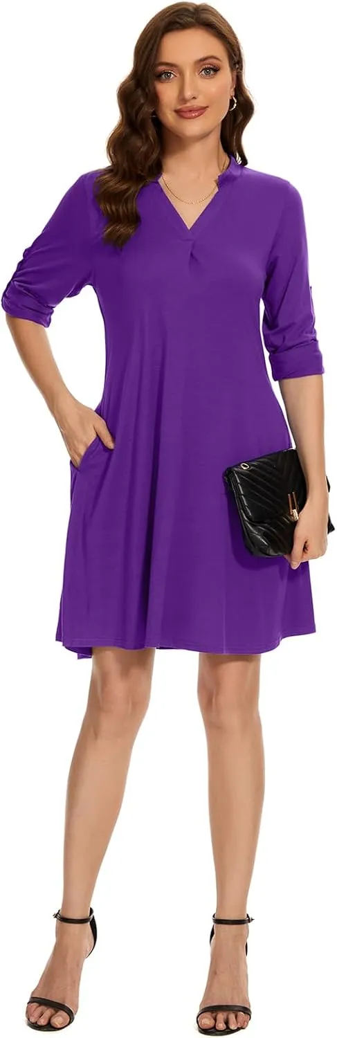 ZENNILO Womens 3/4 Sleeve Dress V Neck Plus Size Tshirt Dress for Women Knee Length with Pockets