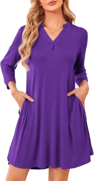 ZENNILO Womens 3/4 Sleeve Dress V Neck Plus Size Tshirt Dress for Women Knee Length with Pockets