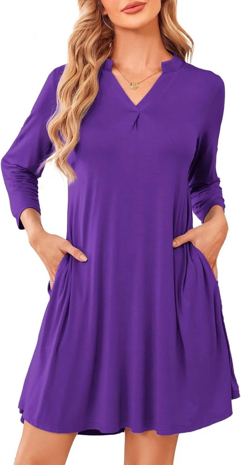 ZENNILO Womens 3/4 Sleeve Dress V Neck Plus Size Tshirt Dress for Women Knee Length with Pockets