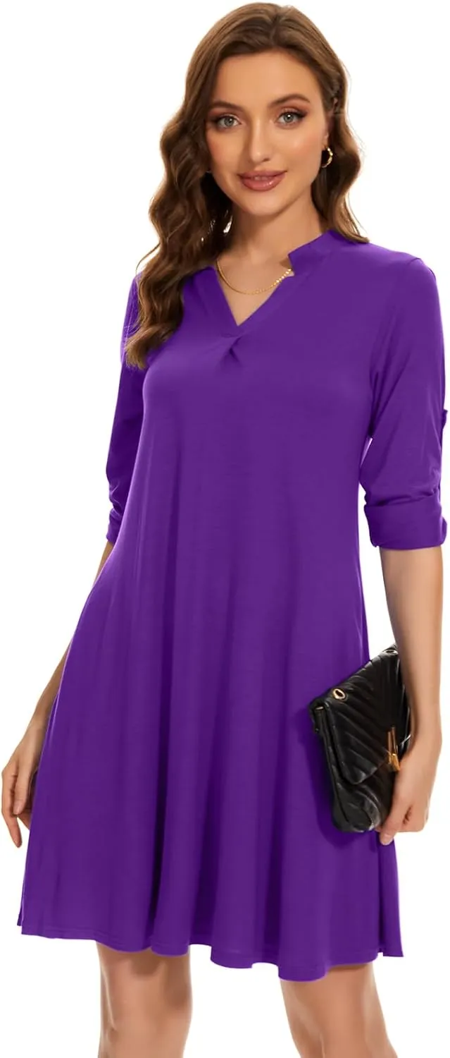 ZENNILO Womens 3/4 Sleeve Dress V Neck Plus Size Tshirt Dress for Women Knee Length with Pockets